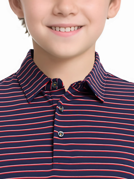 Front half-body view from nose to chest of model wearing NAVY/RED STRIPE Youth Performance Golf Polo.