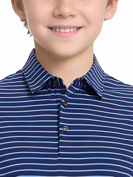 Front half-body view from nose to chest of model wearing NAVY/SKY BLUE STRIPE Youth Performance Golf Polo.