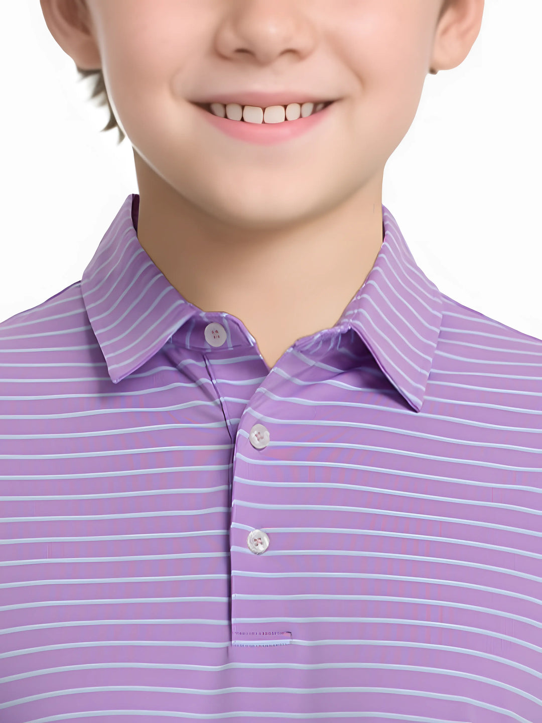 Front half-body view from nose to chest of model wearing LILAC/LIGHT BLUE STRIPE Youth Performance Golf Polo.