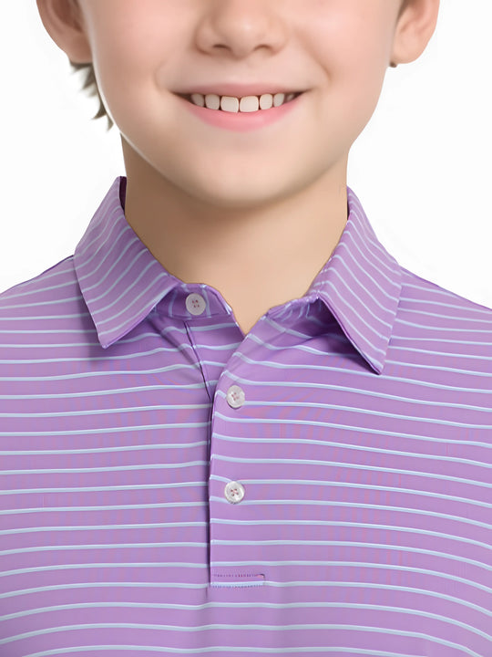 Front half-body view from nose to chest of model wearing LILAC/LIGHT BLUE STRIPE Youth Performance Golf Polo.