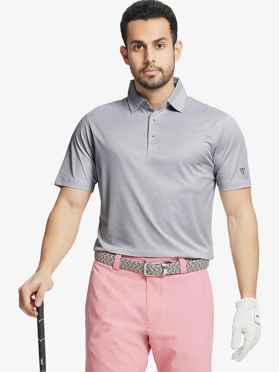 Model front half-body holding golf club wearing GREY WHITE Performance Ananas Jacquard Polo