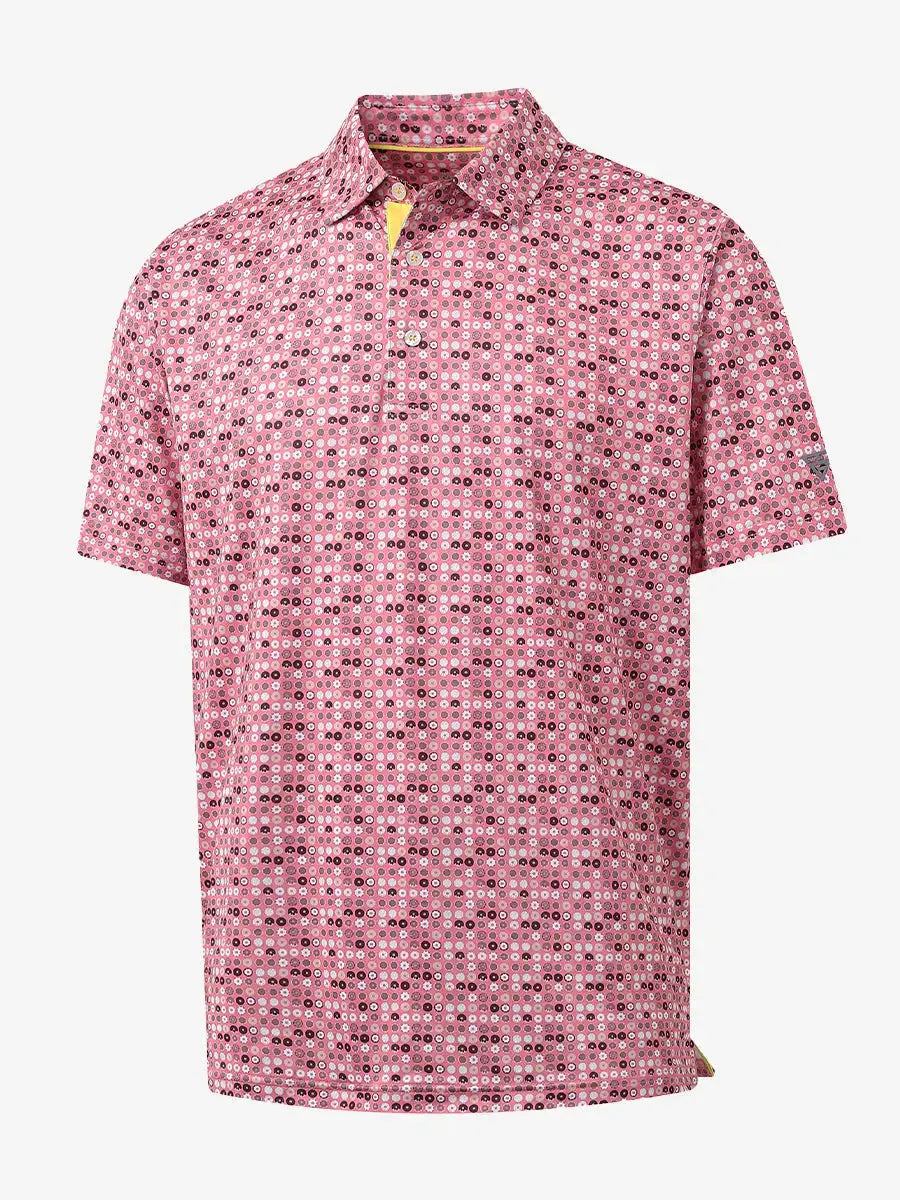 3D view of PINK DONUT polo showing vibrant donut-themed print and soft texture