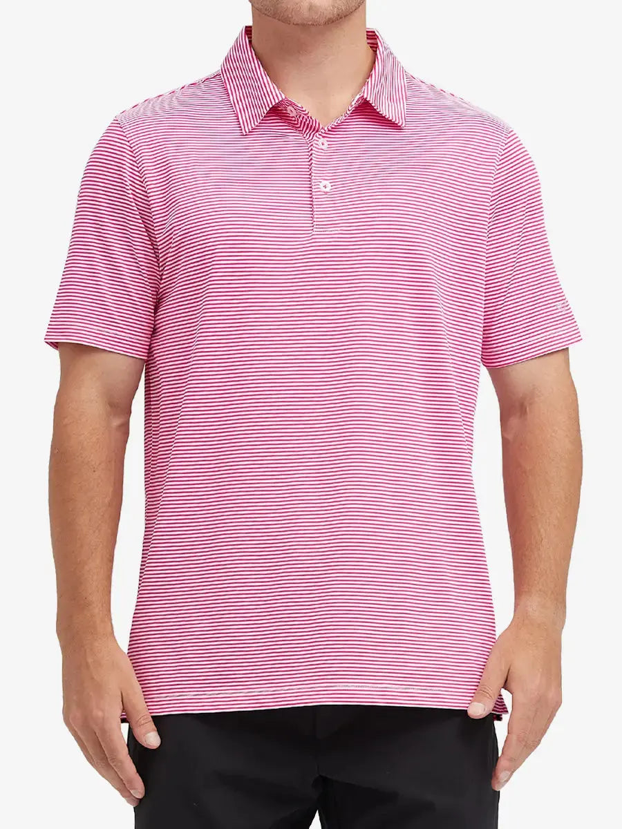 Model wearing Cooling Stripe Golf Shirt in ROSE STRIPE, half-body front view with relaxed pose