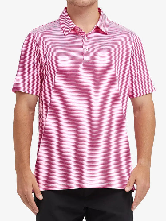 Model wearing Cooling Stripe Golf Shirt in ROSE STRIPE, half-body front view with relaxed pose