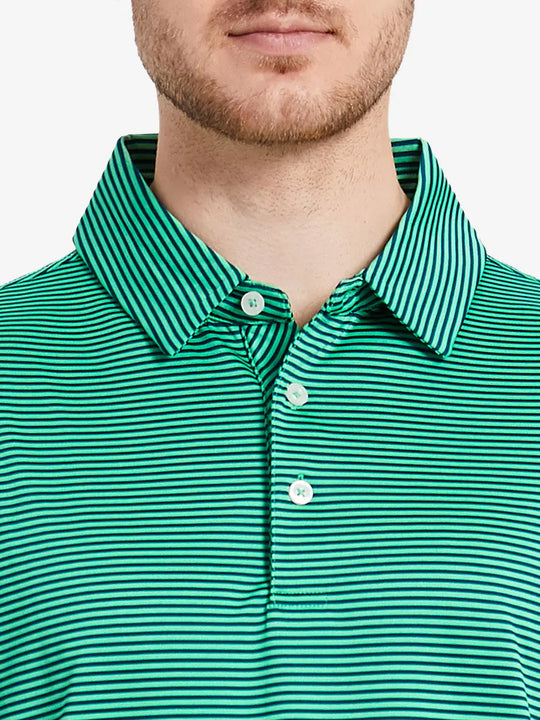 Model’s front close-up from nose to chest wearing Cooling Stripe Golf Shirt in GREEN STRIPE, showing fabric texture