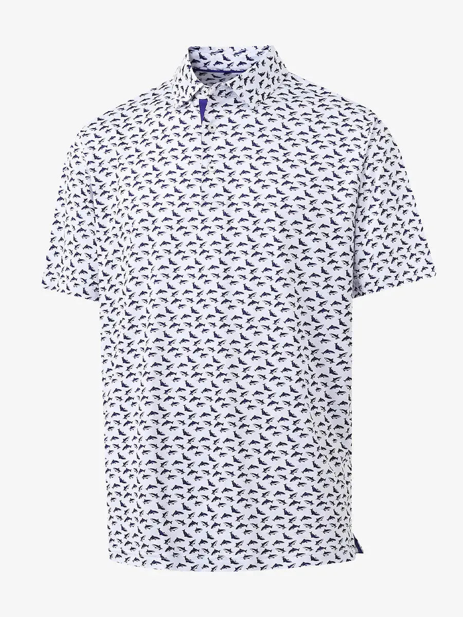 3D view showcasing the cool design on WHITE PURPLE SHARK Performance Print Boys Golf Polo