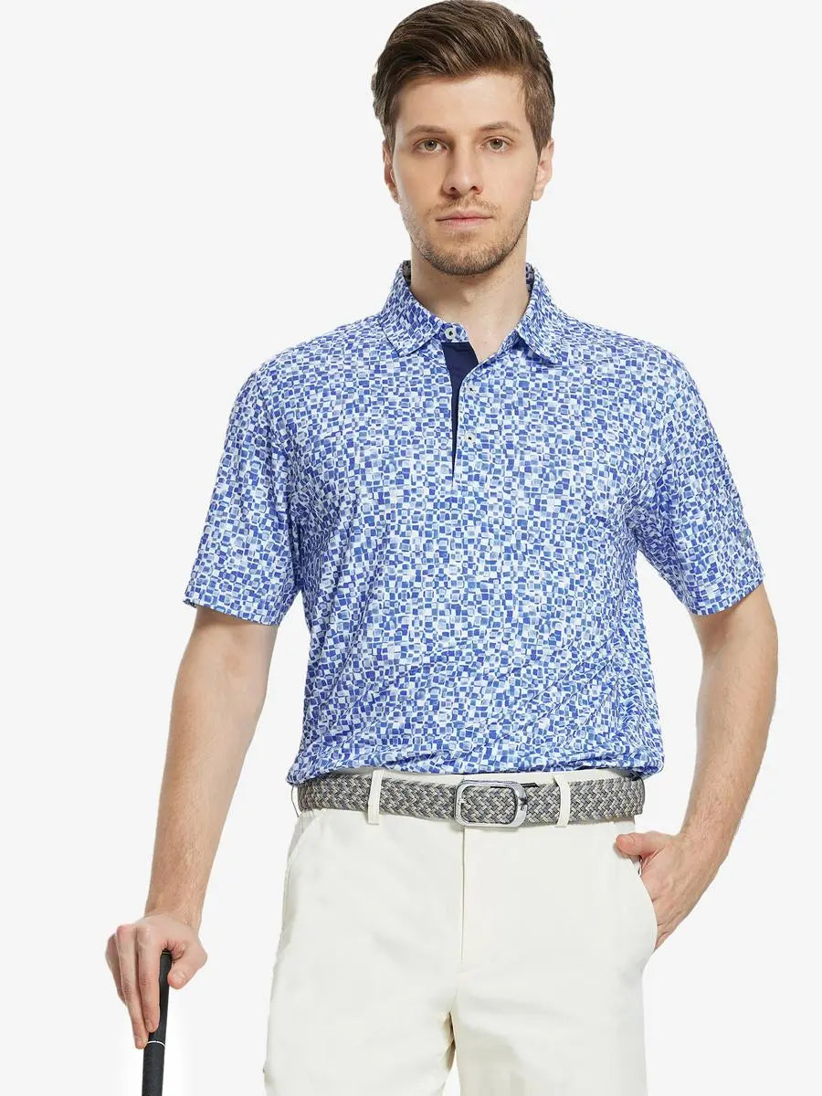 MAELREG Men's Performance Jersey Print Polo in Blue White Mosaic – front half-body with golf pose