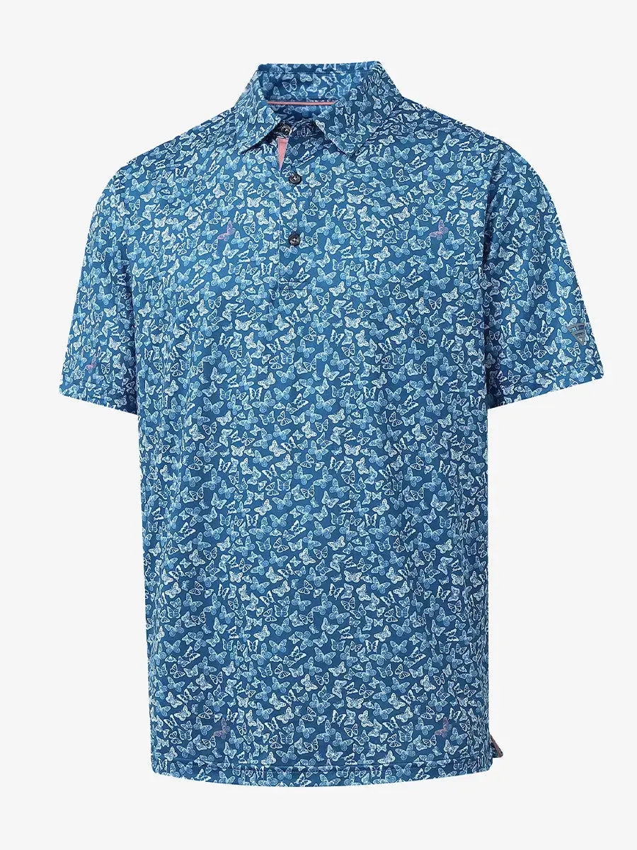 3D render of BLUE WHITE BUTTERFLY polo showing light butterfly print and soft textur
