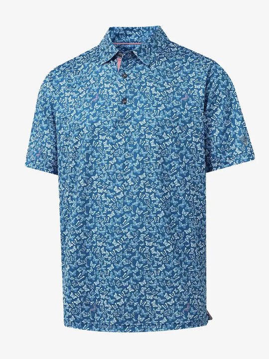 3D render of BLUE WHITE BUTTERFLY polo showing light butterfly print and soft textur