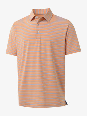 3D product view of ORANGE/SKY BLUE STRIPE Youth Performance Golf Polo showing design and fit.