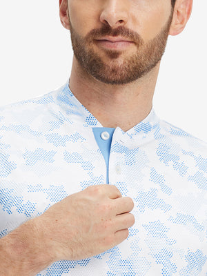 Close-up: nose to chest in sky blue camo stretch printed collarless henley golf shirts