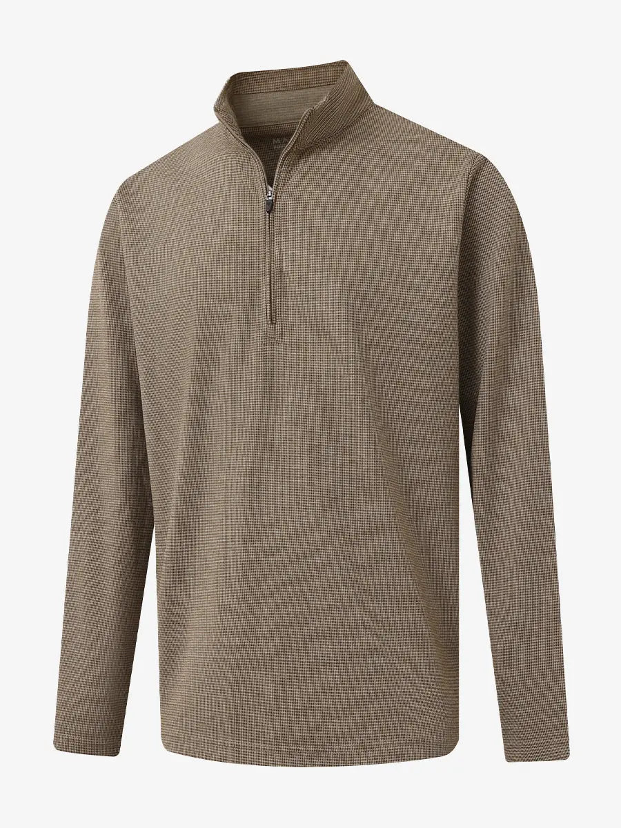 3D view of BROWN HOUNDSTOOTH Premium Jacquard Quarter Zip Pullover showcasing texture and fit.								
