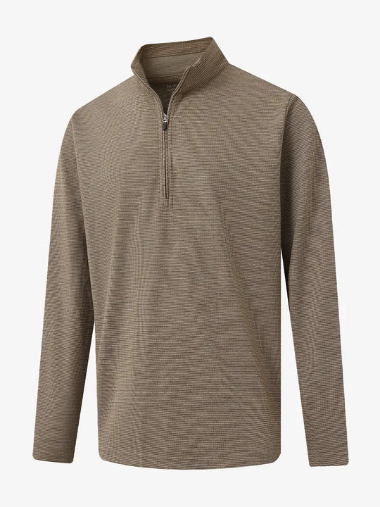 3D view of BROWN HOUNDSTOOTH Premium Jacquard Quarter Zip Pullover showcasing texture and fit.								
