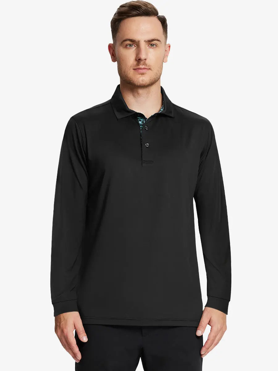 Front half-body view of model wearing BLACK Long Sleeve Solid Jersey Polo