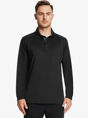Front half-body view of model wearing BLACK Long Sleeve Solid Jersey Polo