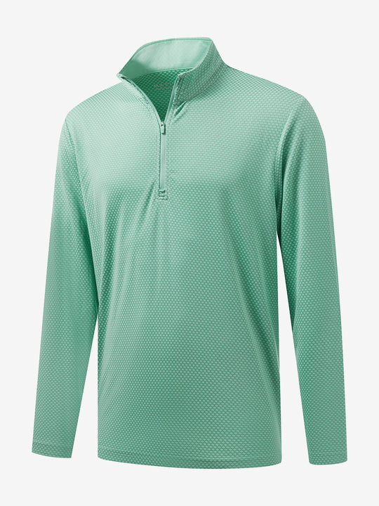 Front 3D view of jacquard quarter zip pullover in light green, showing its textured fabric design.