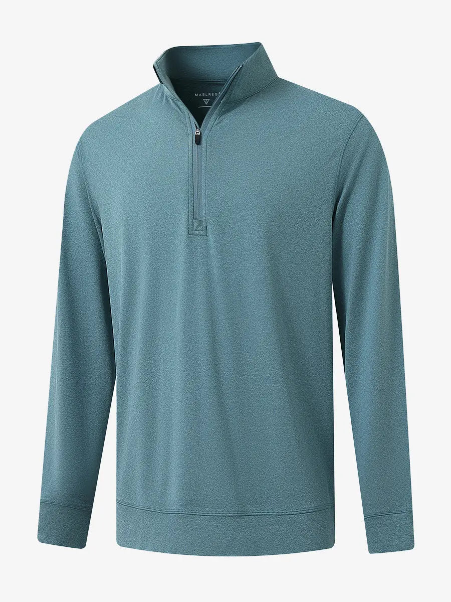 3D view of AQUA HEATHER Quarter Zip Melange Pullover showing shape and melange pattern.