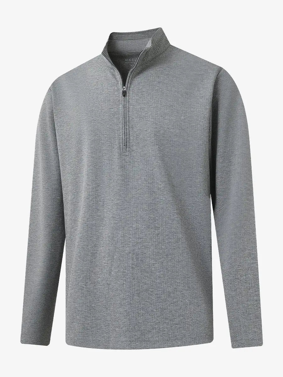 3D view of SMOKY GRAY HERRINGBONE Premium Jacquard Quarter Zip Pullover showcasing texture and fit.								
