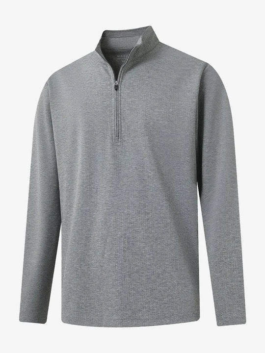 3D view of SMOKY GRAY HERRINGBONE Premium Jacquard Quarter Zip Pullover showcasing texture and fit.								
