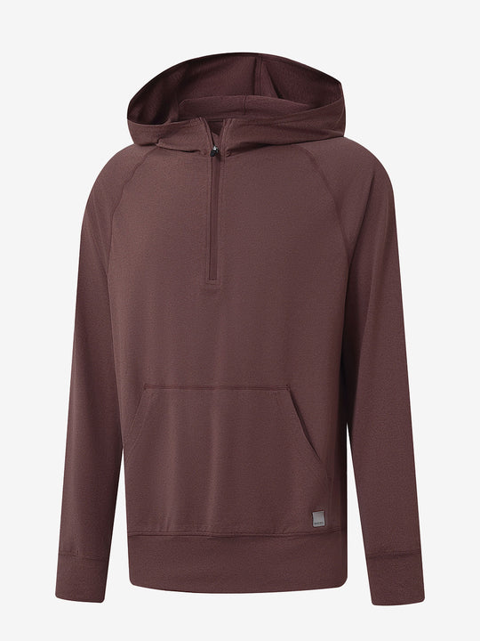 3D front view of the Quarter Zip Hoodie with Kangaroo Pocket in Brick Heather, athletic casual style.