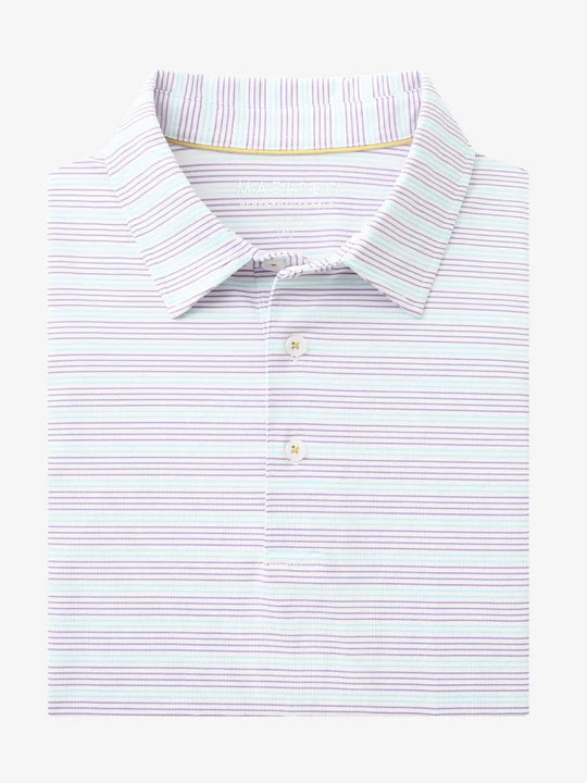 Folded Lilac Light Blue Stripe Performance Stripe Golf Shirt displayed flat