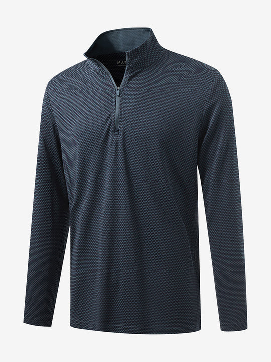 Front 3D view of jacquard quarter zip pullover in grey/navy, showing its textured fabric design.