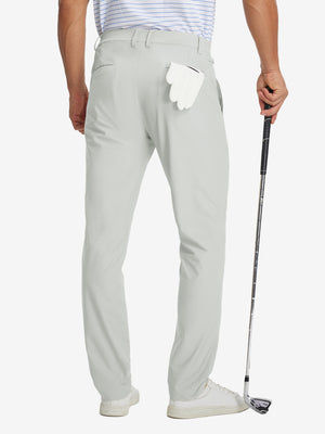 Back view of lightweight flat front casual trousers, showing structure and fit in silver grey.