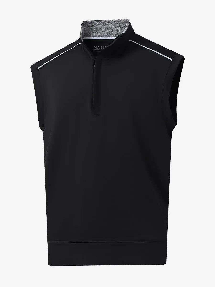 3D view of BLACK Stretch Solid Fleece Quarter-Zip Vest showing fit and texture.								
