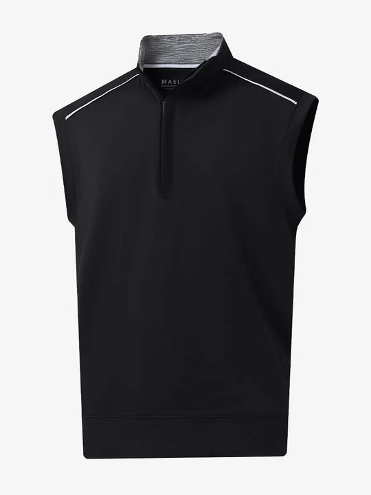 3D view of BLACK Stretch Solid Fleece Quarter-Zip Vest showing fit and texture.								
