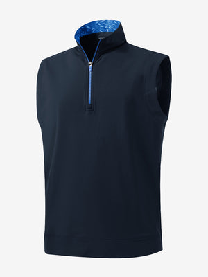 3D front view of the print collar quarter zip golf vest in navy, sleek and sporty design.