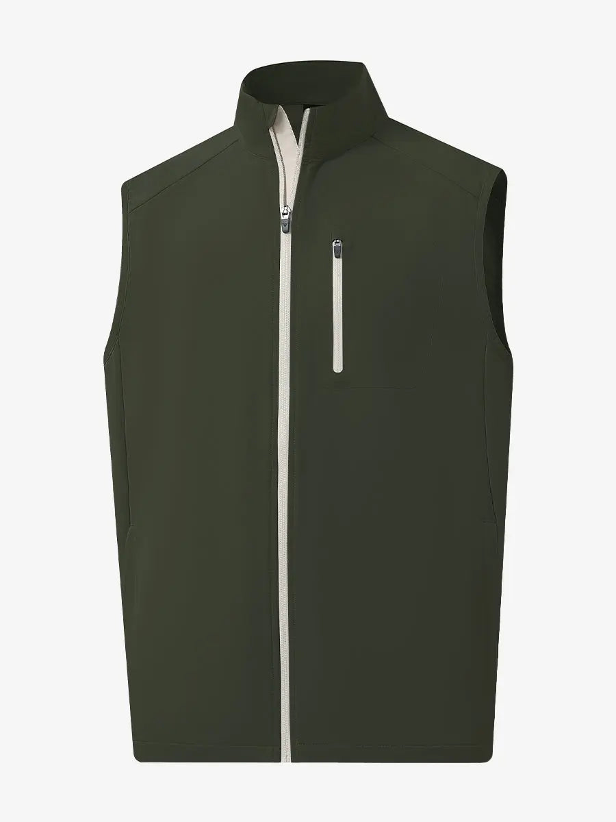 3D view of the olive green windproof golf vest, emphasizing its natural design and functional features.