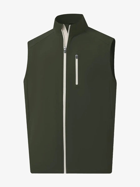 3D view of the olive green windproof golf vest, emphasizing its natural design and functional features.