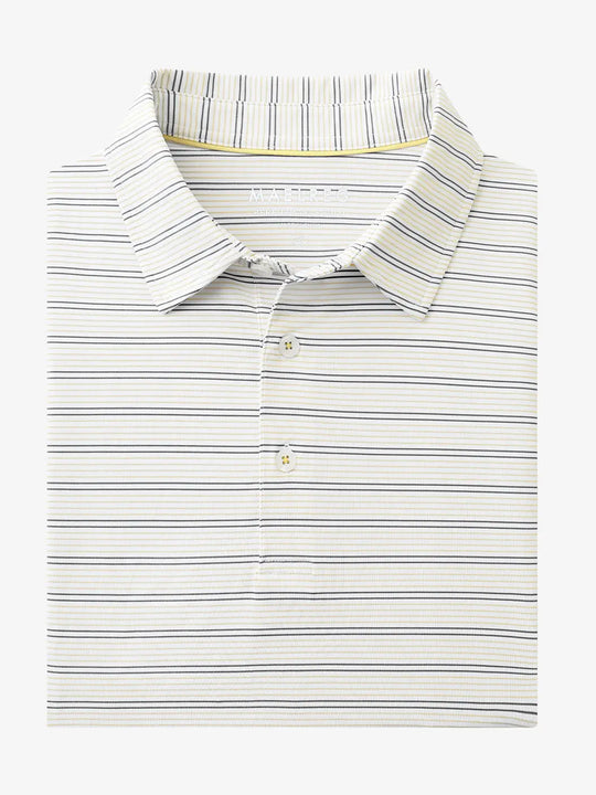 Folded Khaki Neutral Grey Stripe Performance Stripe Golf Shirt displayed flat