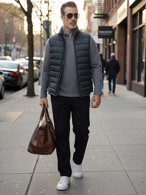 Texture heather fleece lined 1/4 zip pullover, street look with leather bag and sunglasses in grey
