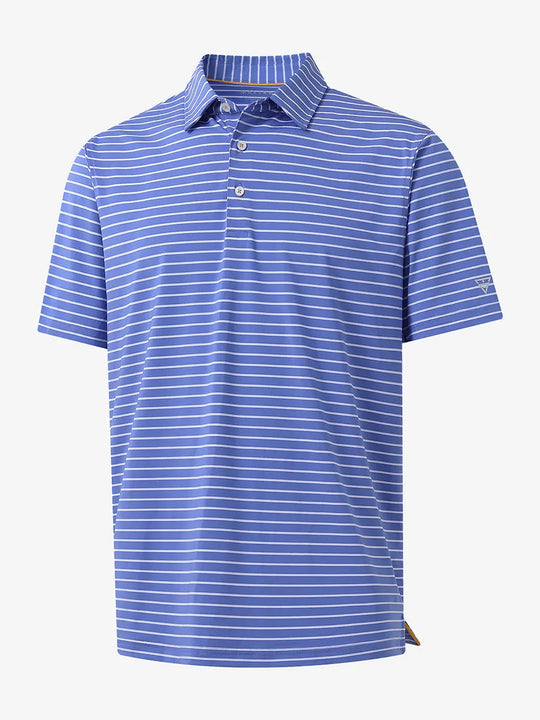 3D view of BLUISH BLUE/WHITE STRIPE Polo highlighting textured striped fabric