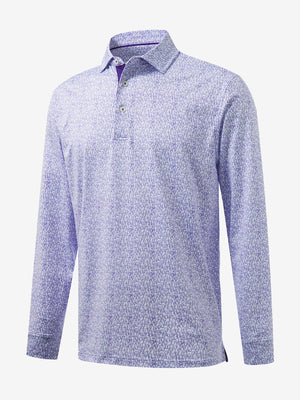 3D front view of the lightweight print long sleeve polo in purple wine glass, modern and athletic design.