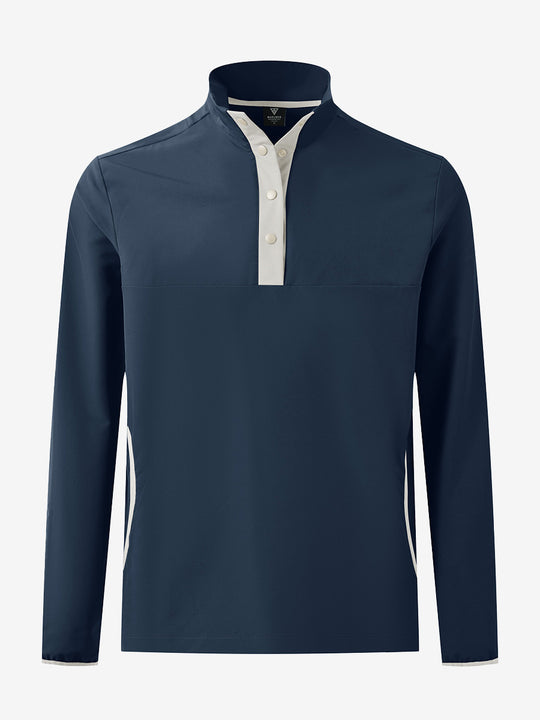 3D front view of the mock neck quarter button golf pullover in navy, sleek and modern design.