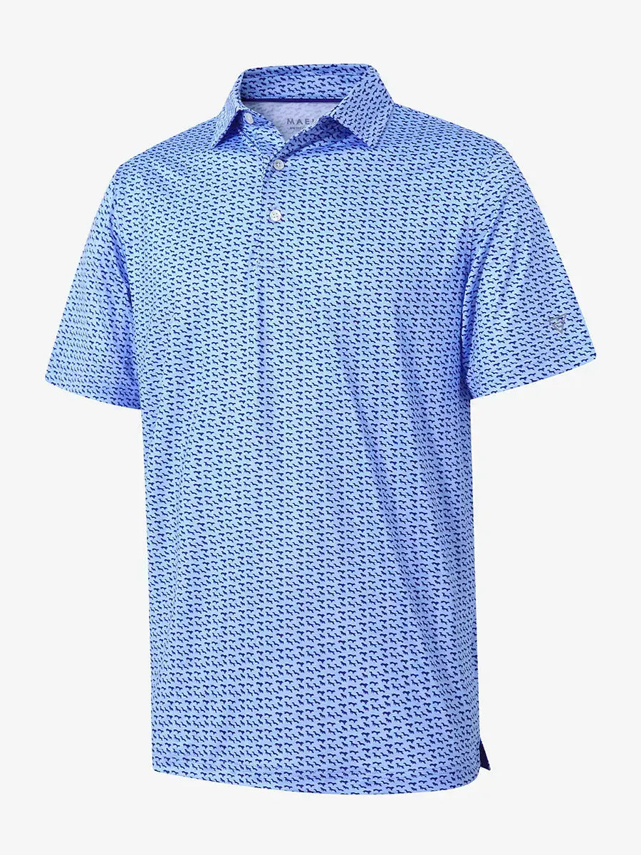 3D flat lay of BLUEJAY NAVY DOGS polo highlighting playful dog pattern and texture