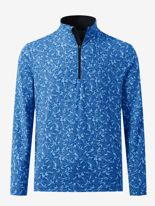 3D front view of the full print quarter zip pullover in line animal, showcasing bold and modern style.