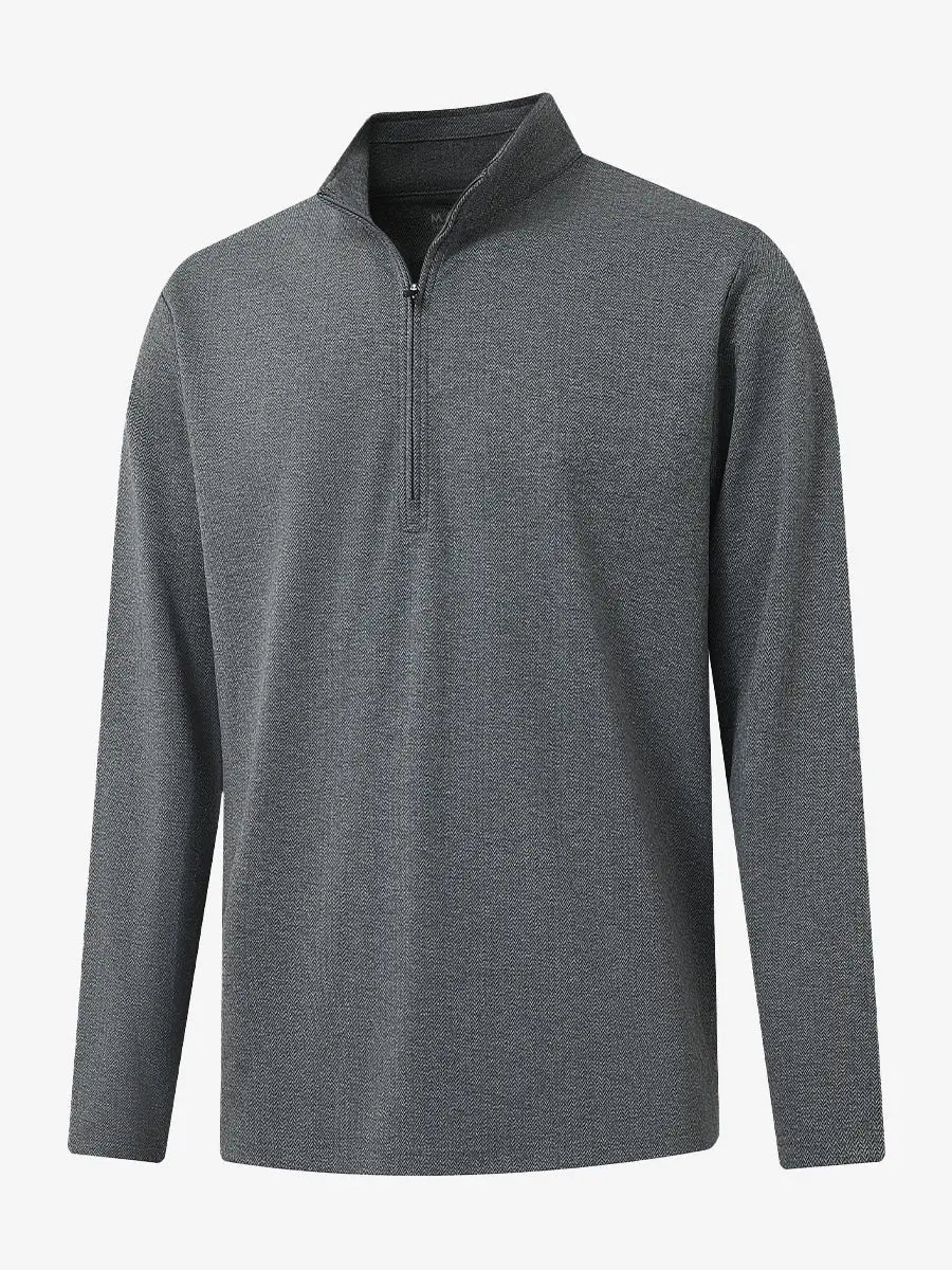 3D view of DARK GRAY HERRINGBONE Premium Jacquard Quarter Zip Pullover showcasing texture and fit.								
