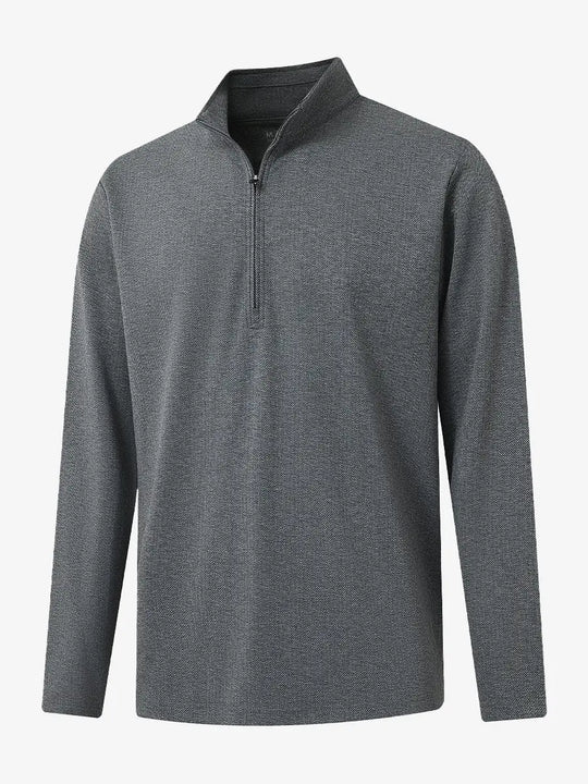 3D view of DARK GRAY HERRINGBONE Premium Jacquard Quarter Zip Pullover showcasing texture and fit.								
