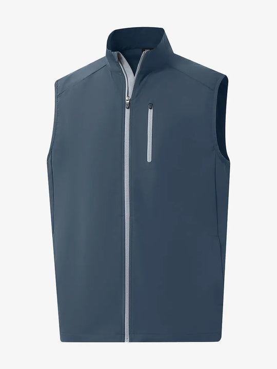 3D view of the misty blue windproof golf vest, emphasizing its fresh design and functional zippered pockets