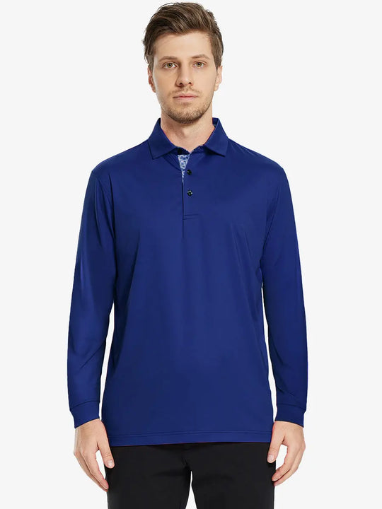 Front half-body view of model wearing KLEIN BLUE Long Sleeve Solid Jersey Polo