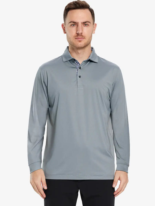 Front half-body view of model wearing LIGHT GREY Long Sleeve Solid Jersey Polo