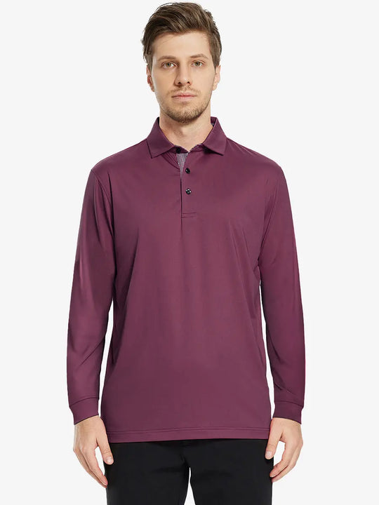 Front half-body view of model wearing BORDEAUX RED Long Sleeve Solid Jersey Polo