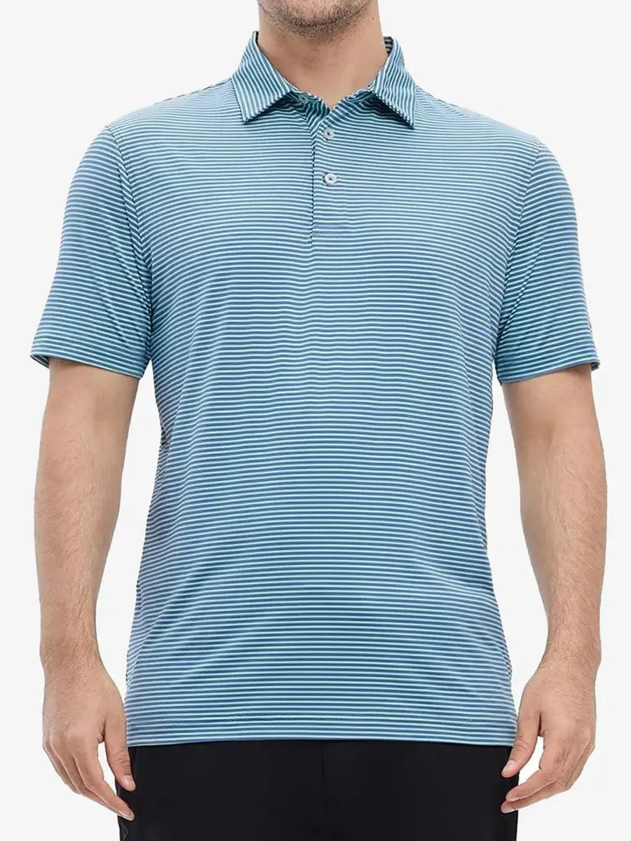 Model wearing Cooling Stripe Golf Shirt in GREEN ASH STRIPE, half-body front view with relaxed pose
