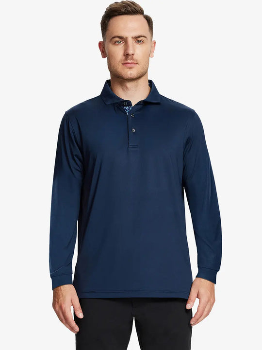 Front half-body view of model wearing NAVY Long Sleeve Solid Jersey Polo