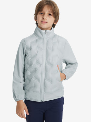 Boys windproof puffer jacket with pockets in light grey, model front upper-body with one hand in pocket.