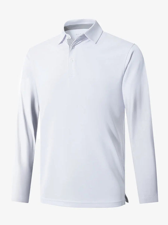 3D view of the white long sleeve pique polo, highlighting its clean design and modern fit.
