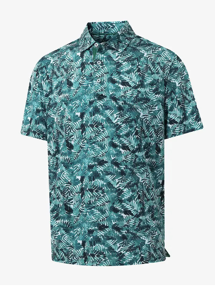 3D angle of DARK GREEN LEAF polo highlighting leaf pattern and tailored design